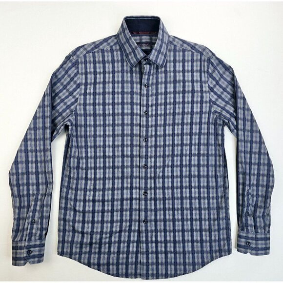 Tasso Elba Size Small 14-14.5 Men's Blue Gray Check Long Sleeve Cotton Shirt - Picture 1 of 10